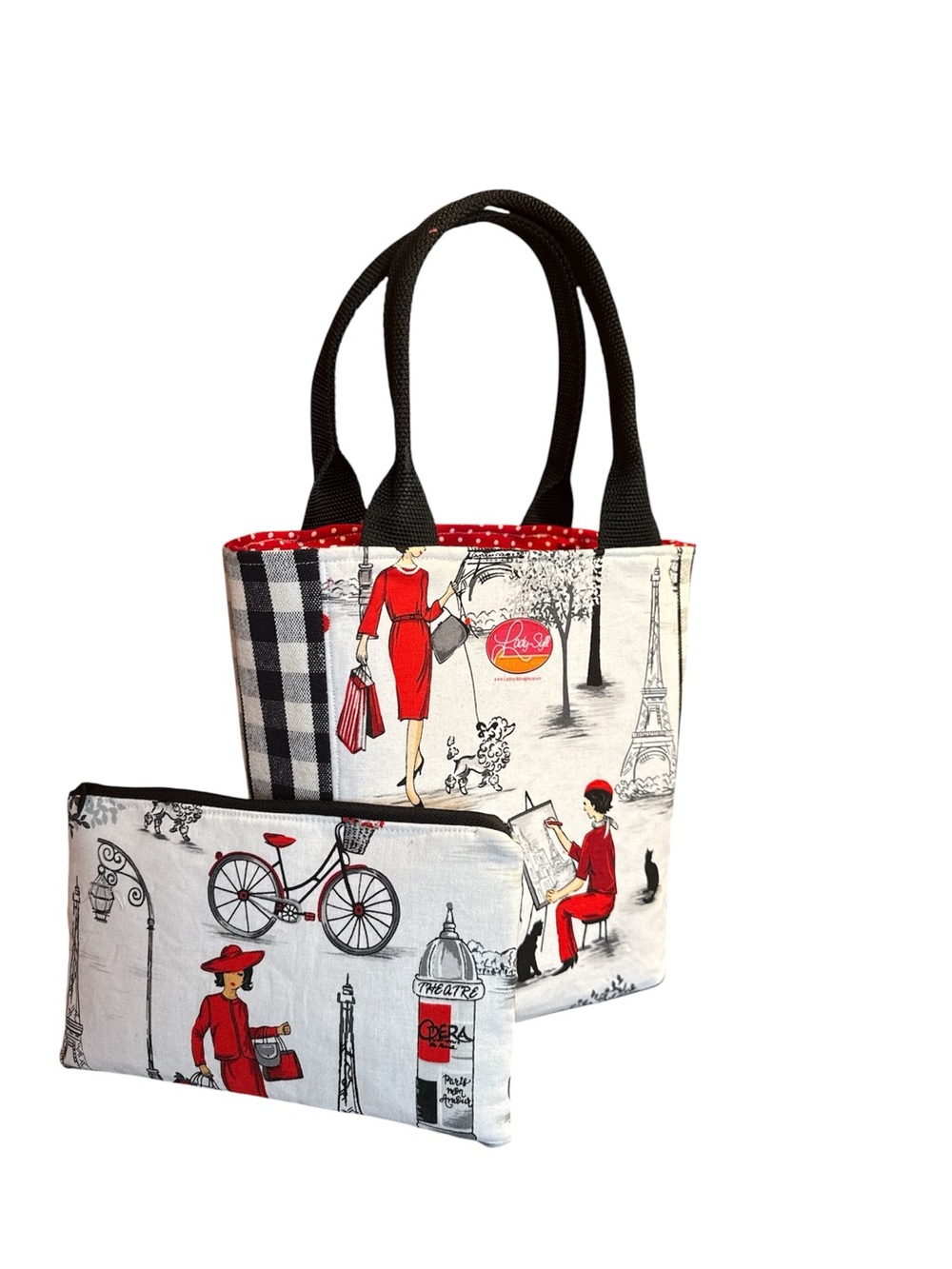 Parisian Print Tote Bag with Matching Pouch - Red & Black Accents